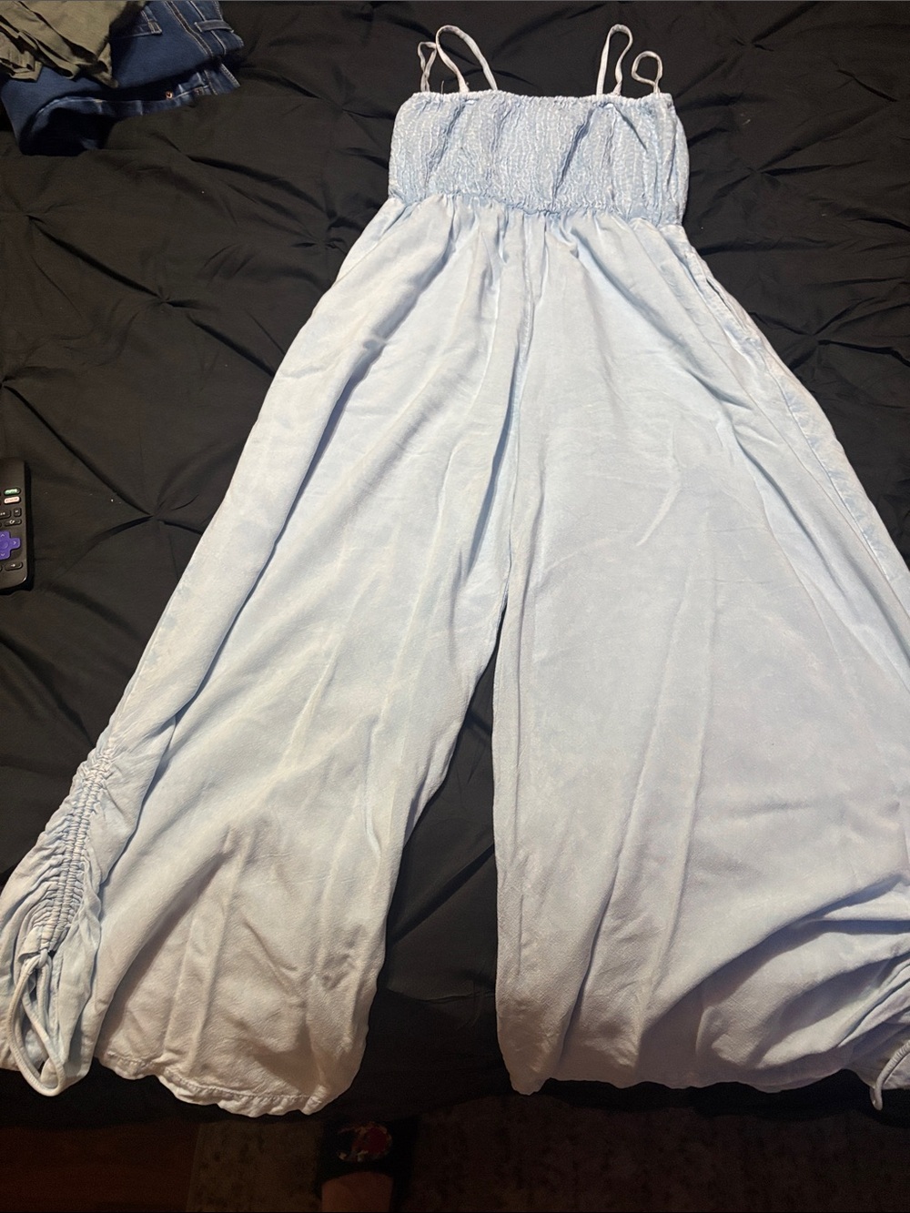 Light Blue Smocked Strappy Jumpsuit - Picture 2 of 4